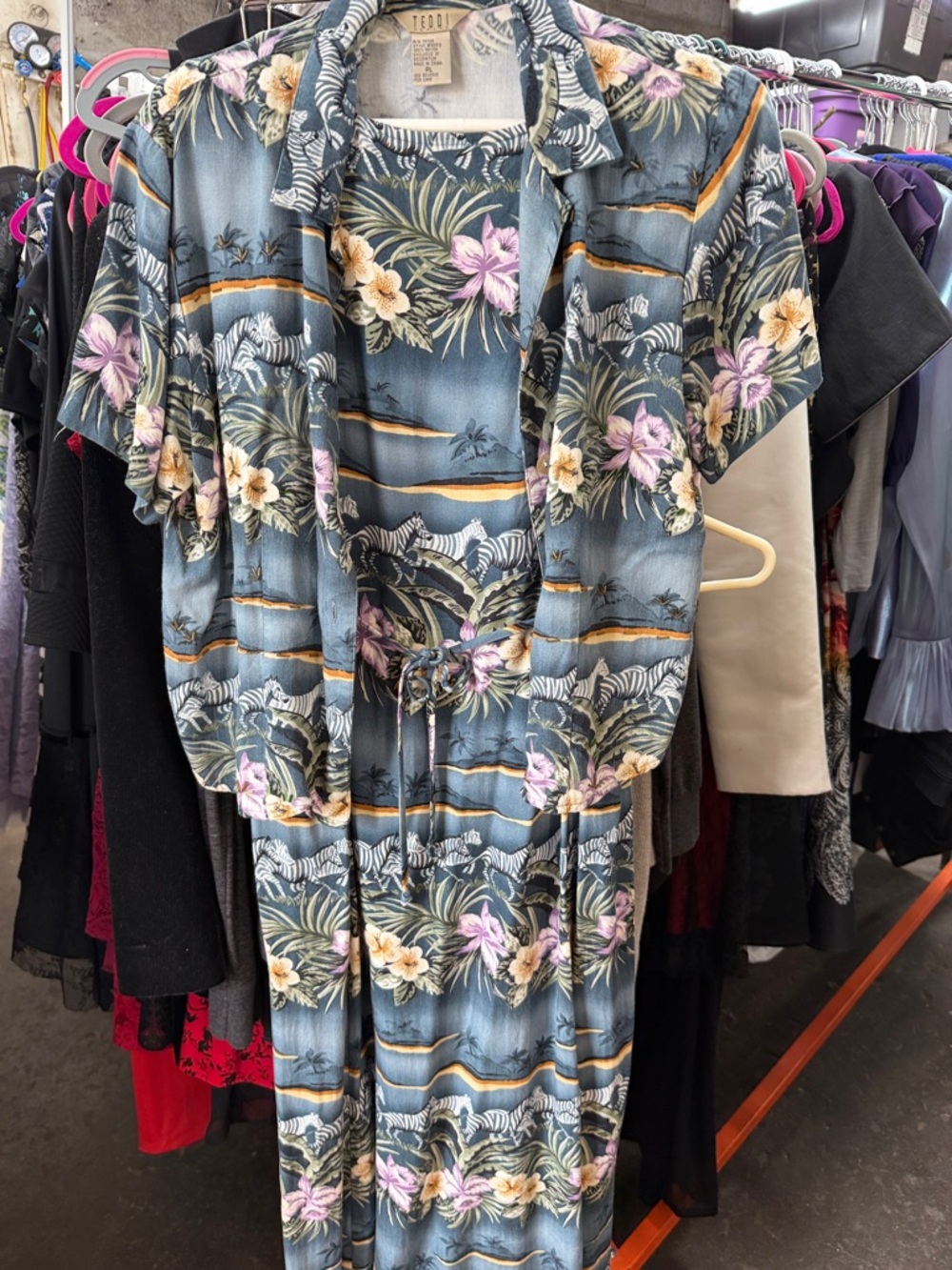 Vintage Teddi Blue Floral Zebra Print Pull On Maxi Dress & matching  camp shirt